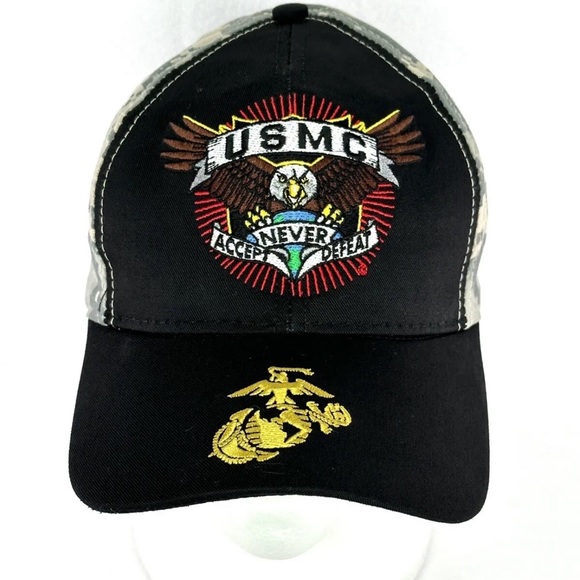 USMC Marine Corps Never Accept Defeat Camouflage Baseball Hat - Made in USA - Picture 1 of 7